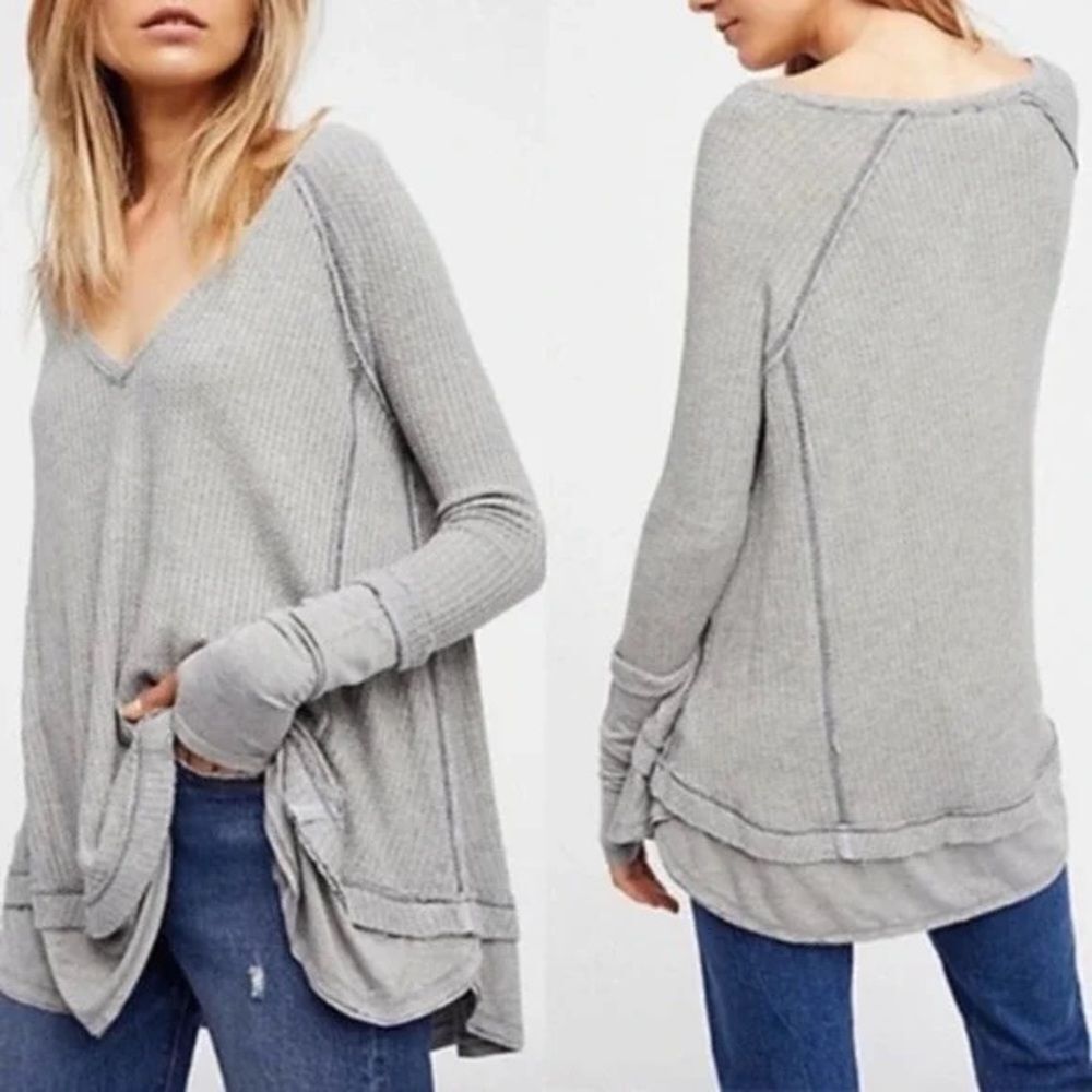 WE the Free Free People Laguna Gray‎ Waffle Thermal V-Neck Long Sleeve Top Shirt